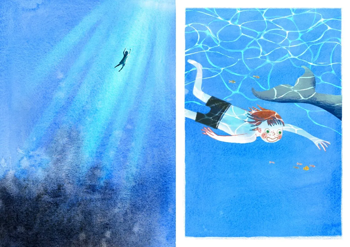 Final artwork for WADE book dummy. Two pages of the main character swimming underwater. Illustrations by Nicola Schofield.
