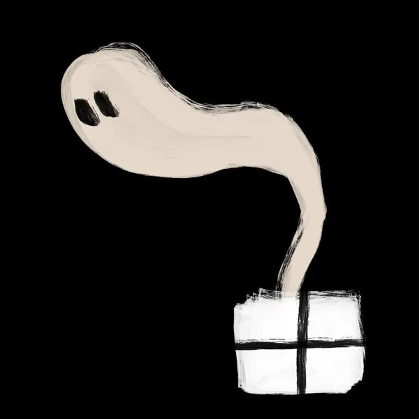 simple black and white illustration of a ghost flying out of a gift wrapped box