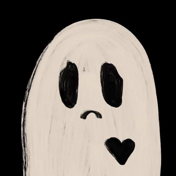 simple black and white illustration of a ghost with sad eyes and a missing heart