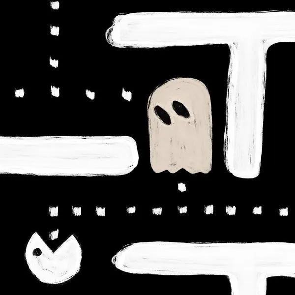 simple black and white illustration of a ghost in a pacman maze