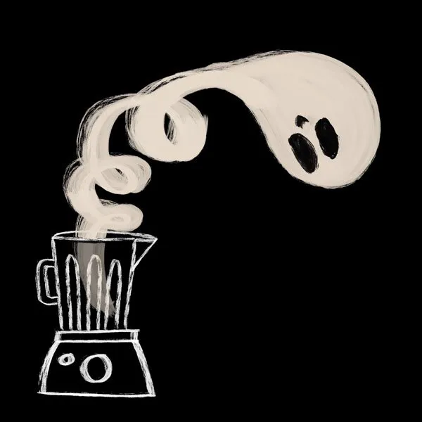 simple black and white illustration of a ghost spinning out of a blender