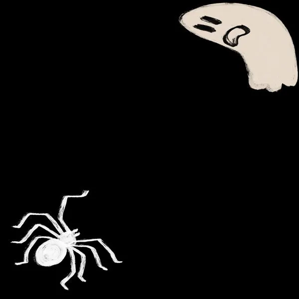 simple black and white illustration of a ghost and a spider
