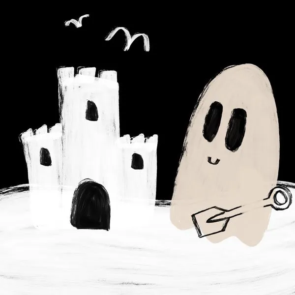 simple black and white illustration of a ghost building a sandcastle