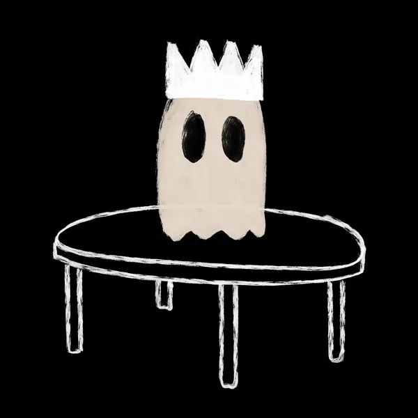 simple black and white illustration of a ghost wearing a crown and standing on a round table