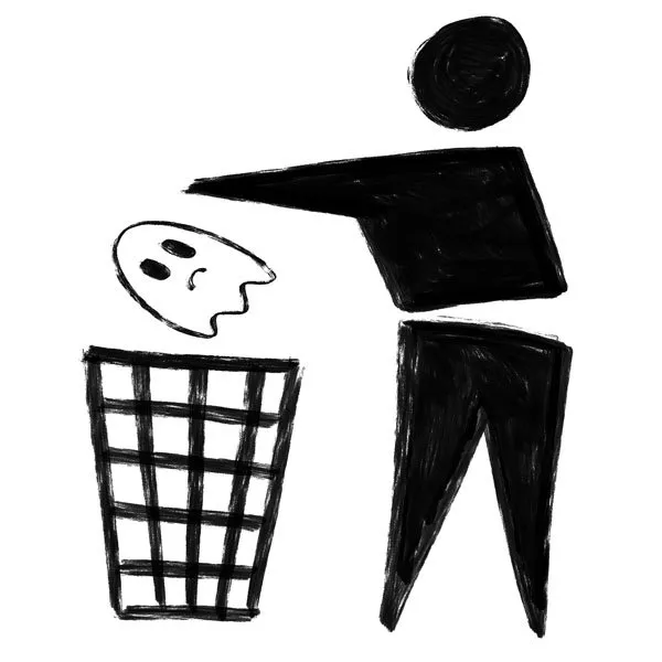 simple black and white illustration of a ghost being thrown in the bin