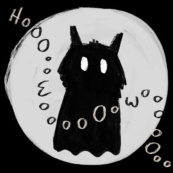 simple black and white illustration of a furry ghost in front of a large moon