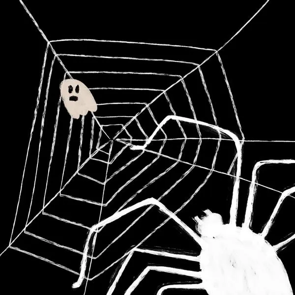 simple black and white illustration of a ghost trapped in a spider web