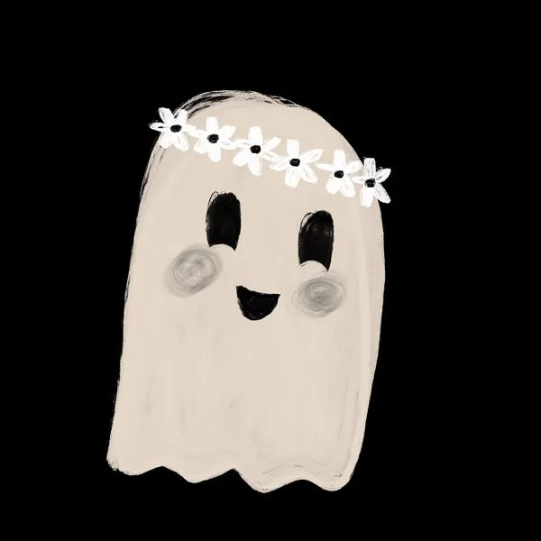 simple black and white illustration of a ghost wearing a daisy chain