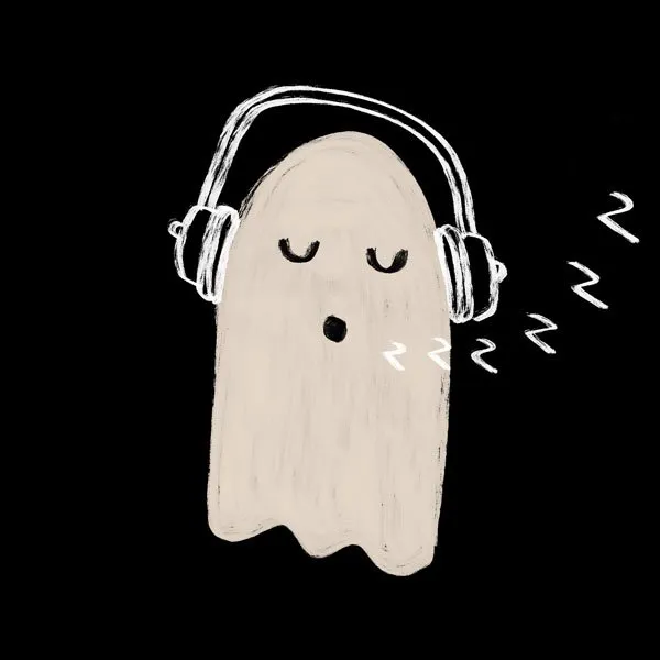 simple black and white illustration of a ghost asleep wearing headphones