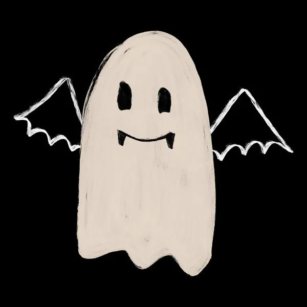 simple black and white illustration of a ghost with fangs and little bat wings
