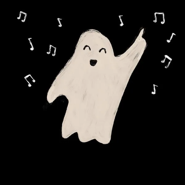 simple black and white illustration of a ghost dancing