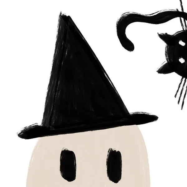 simple black and white illustration of a ghost wearing a witches hat with a black cat peeping in