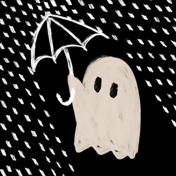 simple black and white illustration of a ghost with an umbrella standing in the rain