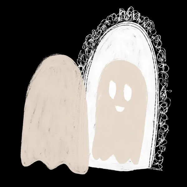 simple black and white illustration of a ghost looking in a mirror