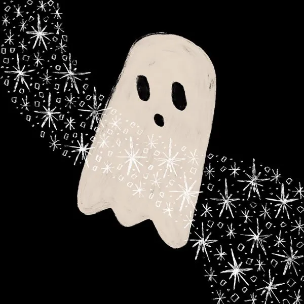 simple black and white illustration of a ghost looking at a magic swoosh of stars