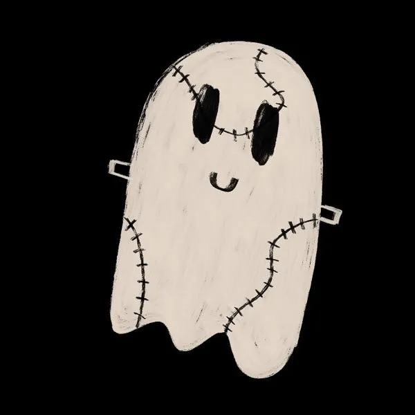 simple black and white illustration of a ghost with stitches and neck bolts