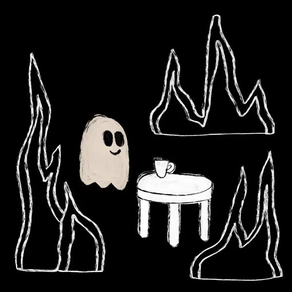 simple black and white illustration of a ghost in the This Is Fine meme