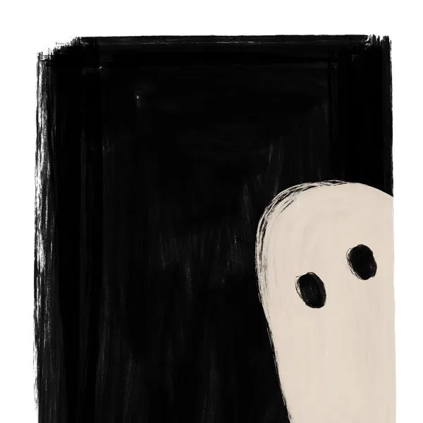 simple black and white illustration of a ghost looking at us through a doorway