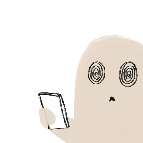 simple black and white illustration of a ghost with swirly eyes starting at a phone