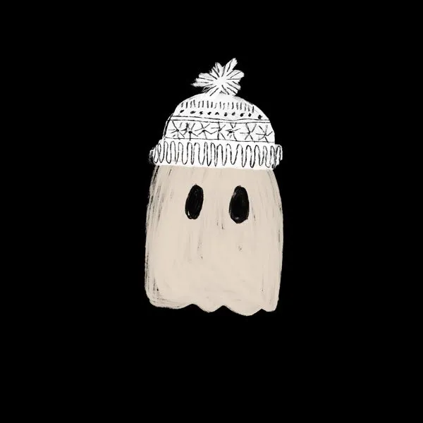 simple black and white illustration of a ghost wearing a fair isle bobble hat
