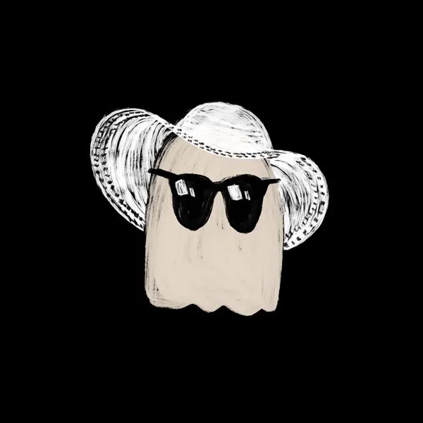 simple black and white illustration of a ghost wearing a big floppy sun hat and sun glasses