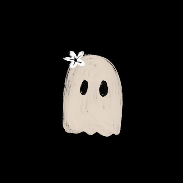 simple black and white illustration of a ghost with a flower in his hair