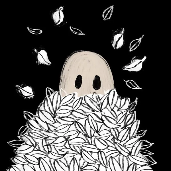 simple black and white illustration of a ghost in a pile of leaves