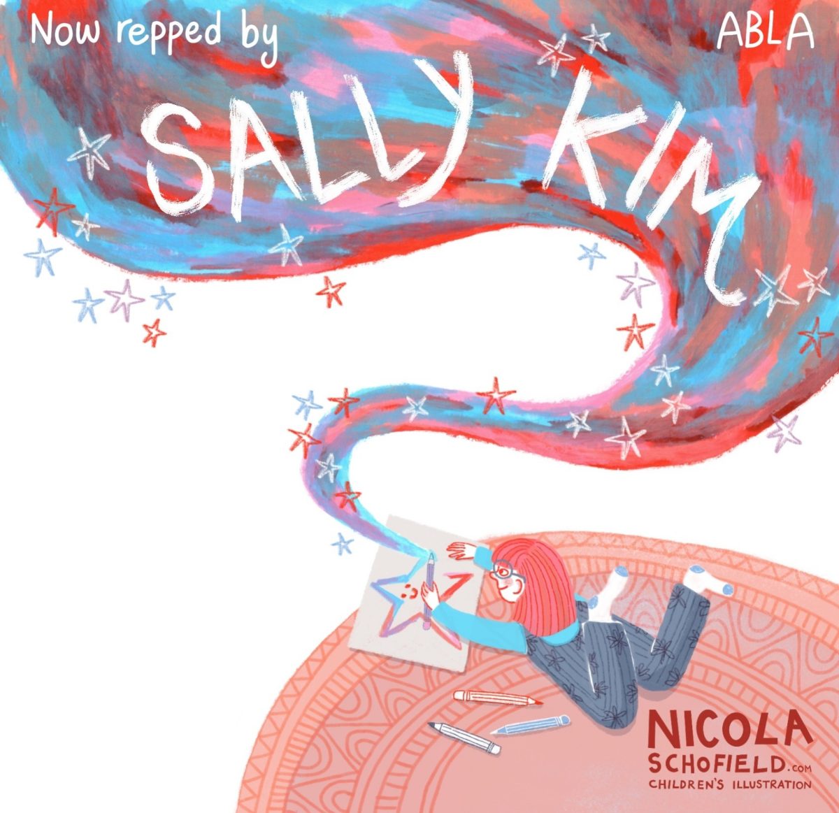 Illustrated postcard announcing that Nicola Schofield is now represented by Sally Kim at ABLA