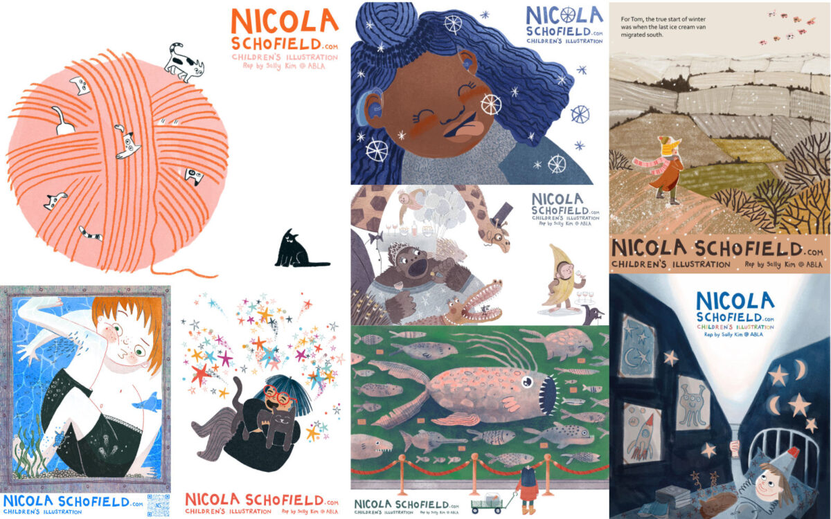 gallery showing previous kidlitartpostcards made by Nicola Schofield